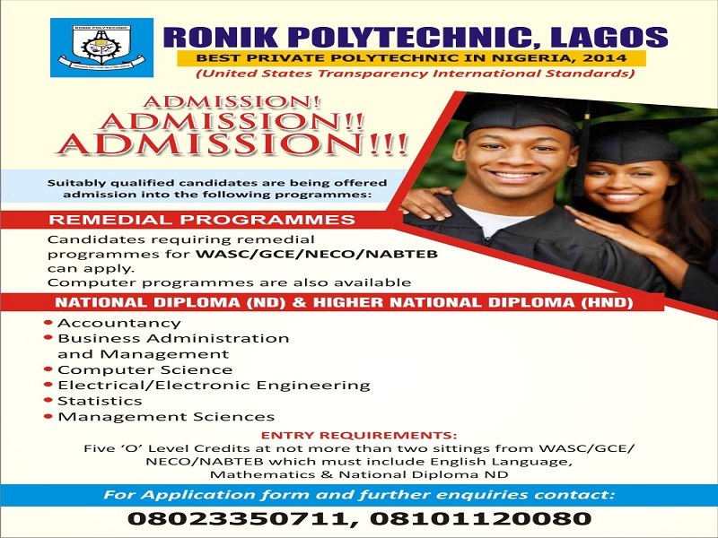 Admission In Progress into RONIK POLYTECHNIC